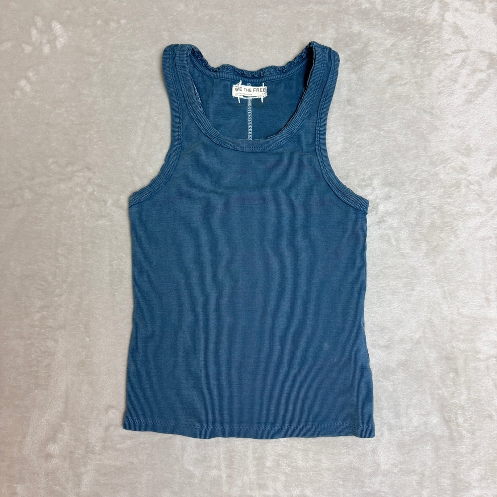 We The Free Ribbed Tank Top Women Small Teal Blue Racerback Crochet Trim Boho